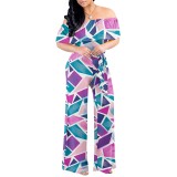 1 Piece Custom Casual Digital Printing Off Shoulder Jumpsuits