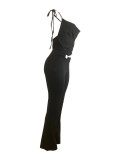 Sexy Solid Color Hollow Out Halter Regular Jumpsuits