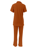Solid Color Short Sleeve Cardigan Trousers Two Piece Outfits