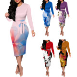 1 Piece Custom Casual Digital Printing Long Sleeve Midi Dresses