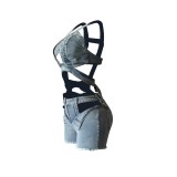 Women Straps Denim Crop Top and Cut Out Shorts Set Two 2 Piece Club Outfits