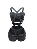 Women Straps Denim Crop Top and Cut Out Shorts Set Two 2 Piece Club Outfits