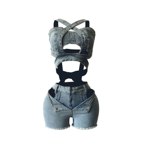 Women Straps Denim Crop Top and Cut Out Shorts Set Two 2 Piece Club Outfits