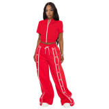 Casual Solid Color Buckle Zipper Contrast Zipper Collar Long Sleeve Two Pieces
