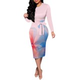 1 Piece Custom Casual Digital Printing Long Sleeve Midi Dresses