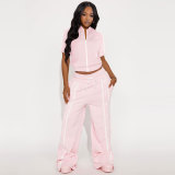Casual Solid Color Buckle Zipper Contrast Zipper Collar Long Sleeve Two Pieces