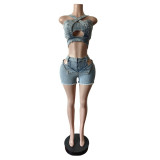 Women Straps Denim Crop Top and Cut Out Shorts Set Two 2 Piece Club Outfits