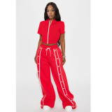 Casual Solid Color Buckle Zipper Contrast Zipper Collar Long Sleeve Two Pieces