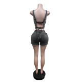 Women Straps Denim Crop Top and Cut Out Shorts Set Two 2 Piece Club Outfits