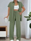 Solid Color Short Sleeve Cardigan Trousers Two Piece Outfits