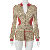 Women 2 Piece Set Tracksuit Leopard Print Contrast Color Short Set