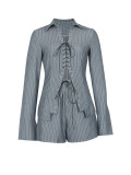 Casual Tailored Striped Lapel Long Sleeve Tie Front Shirt Shorts Set