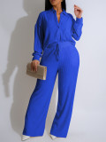 Solid Two-piece Long Sleeved Pleated Casual Shirt Pant Set