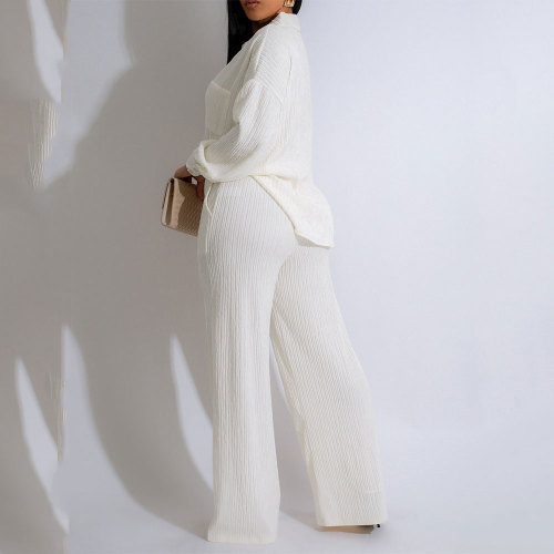 Solid Two-piece Long Sleeved Pleated Casual Shirt Pant Set