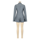 Casual Tailored Striped Lapel Long Sleeve Tie Front Shirt Shorts Set