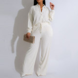 Solid Two-piece Long Sleeved Pleated Casual Shirt Pant Set