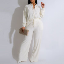 Solid Two-piece Long Sleeved Pleated Casual Shirt Pant Set