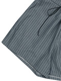 Casual Tailored Striped Lapel Long Sleeve Tie Front Shirt Shorts Set