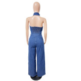 Blue Wash Halter Sexy Backless Jumpsuit