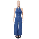 Blue Wash Halter Sexy Backless Jumpsuit