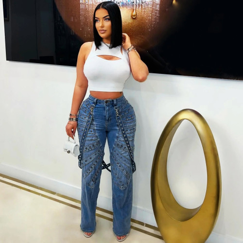 Casual Trousers High Waist Jeans with Metal Rivets
