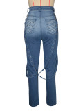 Casual Trousers High Waist Jeans with Metal Rivets