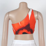 Casual Printed Single Shoulder Sleeveless Tops Wide-leg Trousers Two Piece
