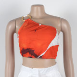 Casual Printed Single Shoulder Sleeveless Tops Wide-leg Trousers Two Piece