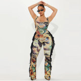 Sexy Tassels Outfits Women Sleeveless U Neck flower Print Bodycon Jumpsuit