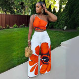 Casual Printed Single Shoulder Sleeveless Tops Wide-leg Trousers Two Piece