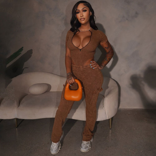 Short Sleeve Solid Color Zipper Two Piece Pants Set