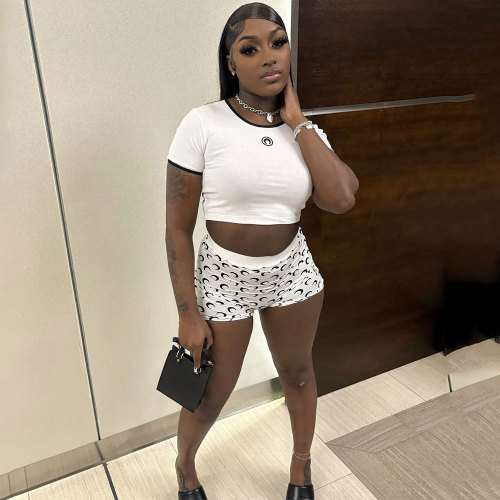 Moon Print Stretch Slim Sexy Top Shorts Set
