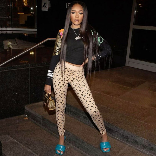 Fashion Moon Print Elastic Long Sleeve Top and Pants Set
