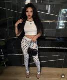 Fashion Moon Print Elastic Short Sleeve Top and Pants Set