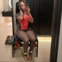 Casual Print Shor Sleeve Contrast Color Pants Suit