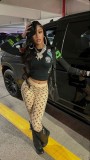 Fashion Moon Print Elastic Long Sleeve Top and Pants Set