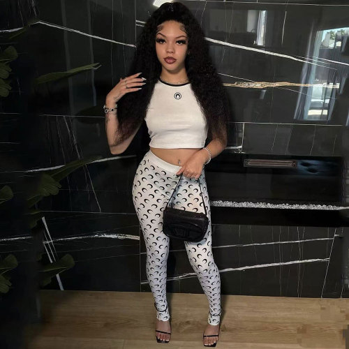 Fashion Moon Print Elastic Short Sleeve Top and Pants Set