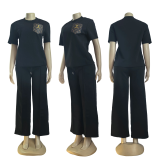 Fashion Leather Pocket Short Sleeve Jacquard Two-piece Set