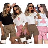 New Summer Embroidery + Printed Short-sleeved Shorts Set