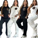 Fashion Leather Pocket Short Sleeve Jacquard Two-piece Set