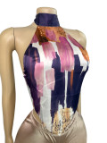 Solid Satin Halter Turtleneck Printed Tie Top Shorts Two Piece Set