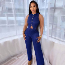 Casual Solid Color Buckle O Neck Sleeveless Two Pieces