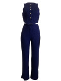 Casual Solid Color Buckle O Neck Sleeveless Two Pieces