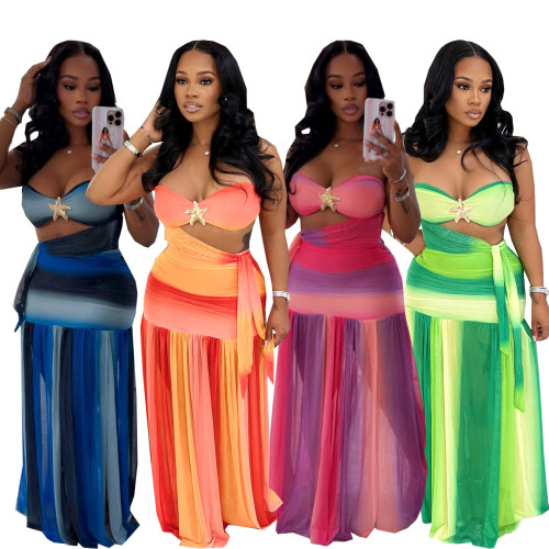 Sexy Fashion Tube Top with Gradient Pleats Casual Skirt Set