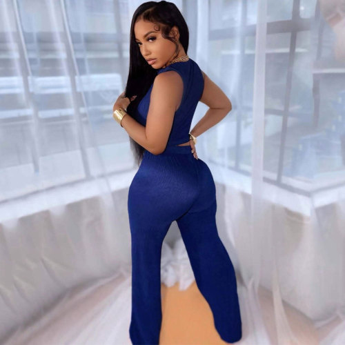 Casual Solid Color Buckle O Neck Sleeveless Two Pieces