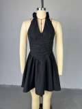 Solid Color V Neck Halterneck Bow Backless Mini Dress