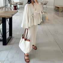 2025 Summer New Design V-neck Loose Lace-up Top Wide-leg Trousers Set