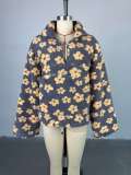 2025 Spring Faux Lambswool Print Loose Zipper Sweatshirt Long Sleeve Top