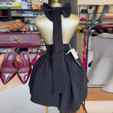 Solid Color V Neck Halterneck Bow Backless Mini Dress