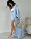 2025 Summer Fashion Lantern Sleeve Cardigan Jacket Wide Leg Shorts Casual Suit